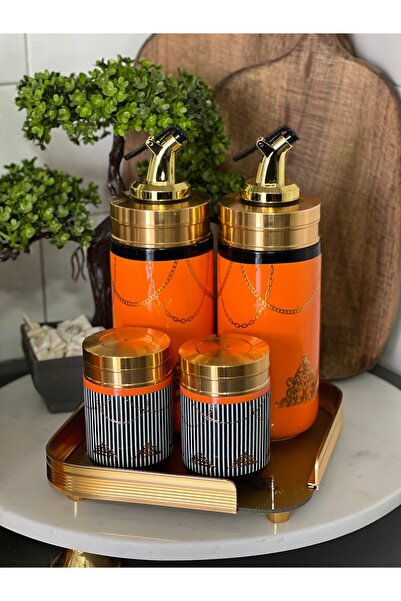 ACAR Lüx porselen turuncu cam tepsili gold yağlık sirkelik tuzluk karabiberli...