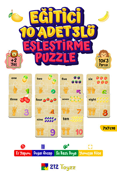 212toyzz Ahşap Sayı Eşleştirme Puzzle Seti, 3'lü ve 10 Çift, Eğlenceli Öğrenm...