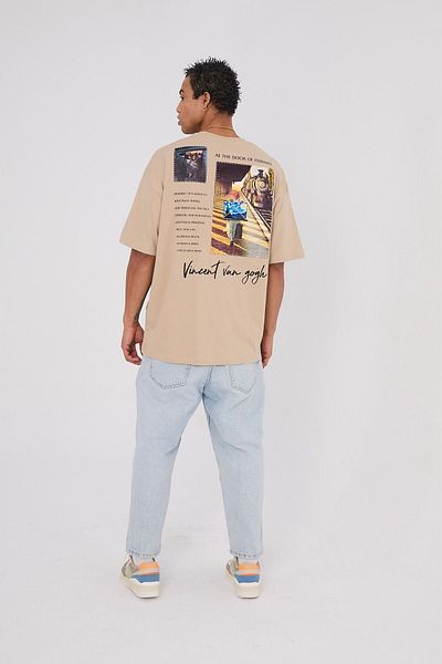 Saw Urbanity Vincent Van Gogh Train on the Gate of Eternity Printed - Vision Beige Oversize T-Shirt, Back Printed