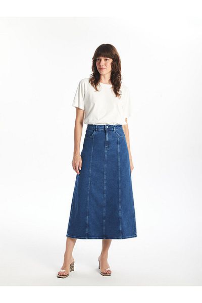 LC Waikiki Fusta de damă LCWAIKIKI Classic Mid Blue Washed Slim Fit A-Line