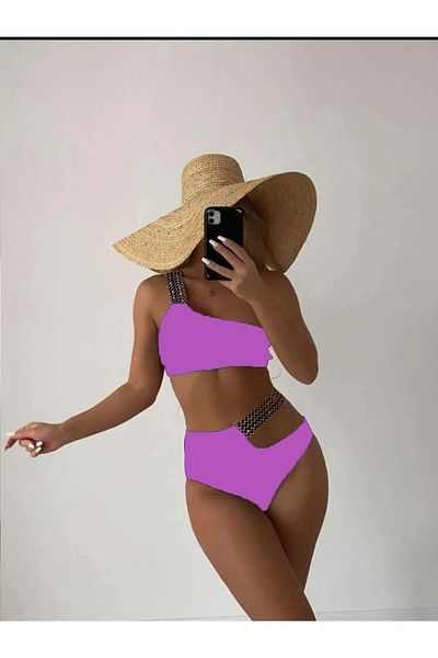 sayina Lilac Glitter One-Shoulder Stylish Bikini - Embroidery Detailed and Lined High Waist Set