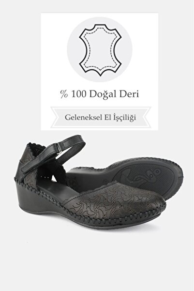 TUNAELLİ Black Genuine Leather - Wedge Heels Side Open Women's Sandaçeti 35-41-42