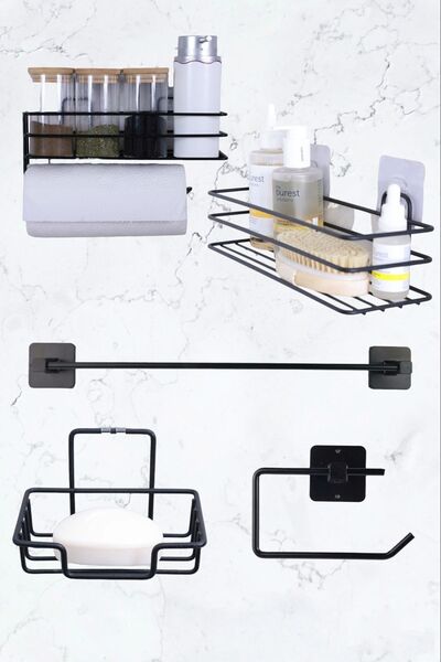 BUSEMSİ HOME 5'li Siyah Banyo Rafı, Uzun Havluluk, Katı sabunluk, Wc kağıtlık...