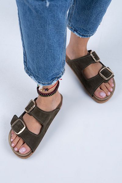 Manijero Irene pentru femei din piele naturală cu cataramă dublă kaki - papuci aurii