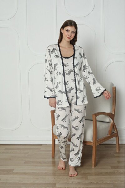 poll&aras Ženski set od 3 delova: pidžama i kućni ogrtač sa trakama od konca