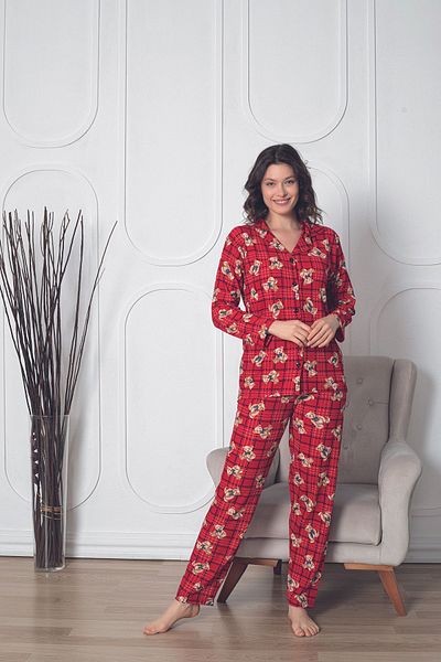 Moon Line Women's Teddy Bear Buttoned Front Long Sleeve Wrap Summer Fabric Pajama Set