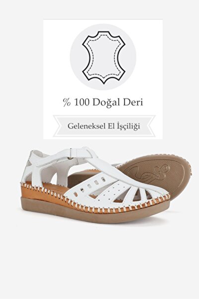 TUNAELLİ White Leather Women's Sandals - Size 35-41-42, Strapped, Flat Padded, Heeled, Side Open