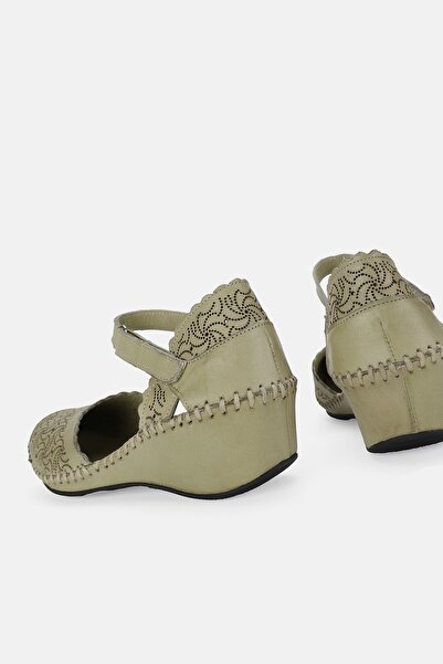 TUNAELLİ Green Genuine Leather Women's Wedge Heeled Side Open Sandals, Size 35-41-42