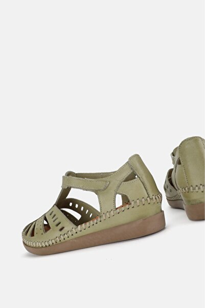 TUNAELLİ Green Genuine Leather Women's Sandals - Size 35-41-42 Strapped, Flat Wedge Heels, Side Open