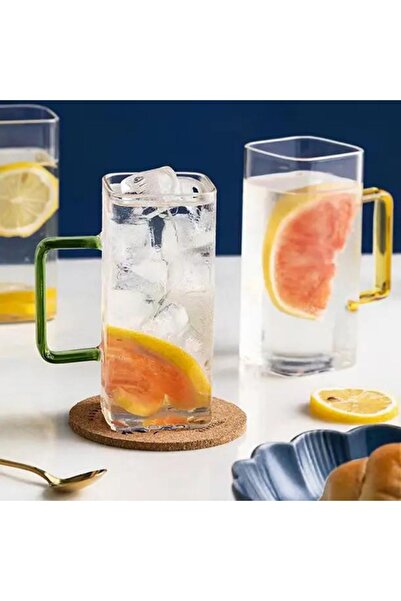 Kitchen Design Lab Yeni Nesil Kare Cam Mavi Kulplu Latte,meşrubat,nescafe,süt,su Bardağı 350 ml 3 Adet