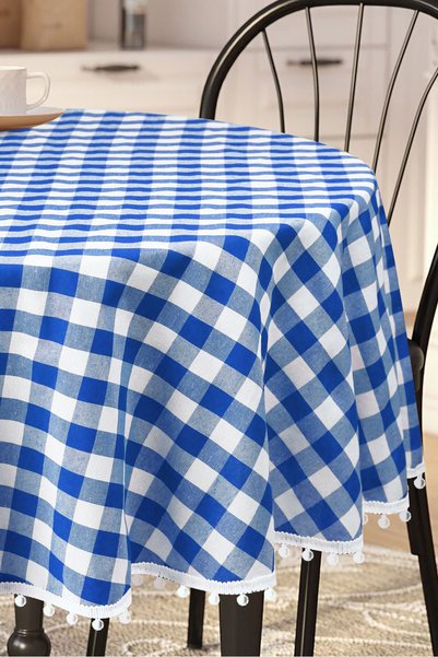 Soft Kare Bommel Gingham Round Pompom Tablecloth Gingham Round