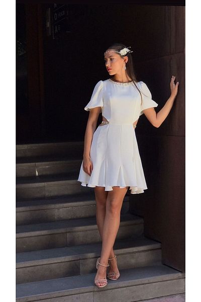 bontesel White Balloon Sleeve Stone Embroidery Detailed Promise Engagement Out Shoot Wedding Dress After Party Dress