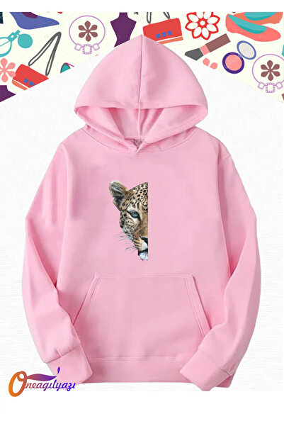 oneagılyazı Women's Half Leopard Print Sweatshirt Hoodie