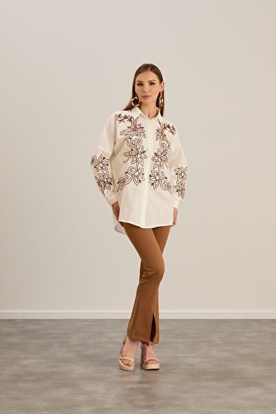 MAY MARA Natural Linen Shirt - Women's, Embroidery Detail, Sleeves