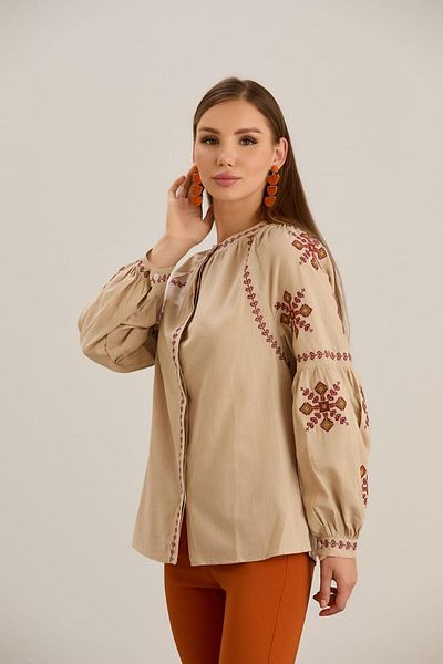 MAY MARA Cămașă de damă din in natural - Detaliu broderie, guler și mâneci cu șnur