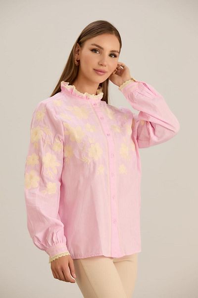 MAY MARA Cămașă pentru femei din in natural, cu mâneci și guler, cu detaliu de broderie în față