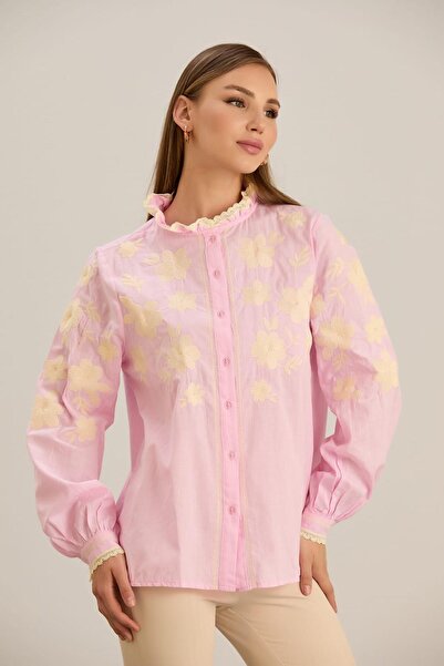 MAY MARA ДАМСКА РИЗА ОТ ЕСТЕСТВЕН ЛЕН С РЪКАВИ И ЯКА И БРОДИРАНИ ДЕТАЙЛИ ОТПРЕД