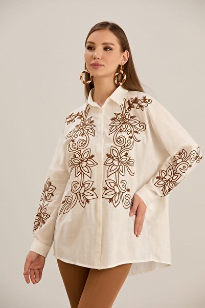 MAY MARA Natural Linen Shirt - Women's, Embroidery Detail, Sleeves