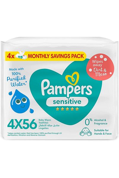 Pampers Sensitive Protect Baby Wipes, with 0% Perfumes & Alcohol, 4 x 56 Packs, 224 Wipe Count