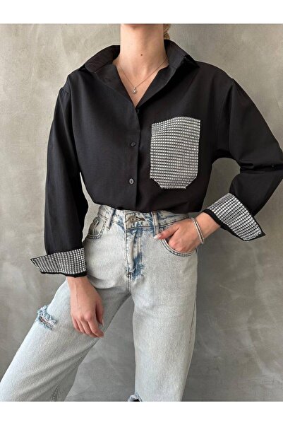 MAY MARA Women's Shirt with Stone Detail - Pocket and Sleeve Design