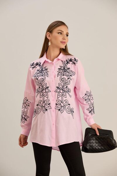 MAY MARA قميص كتان طبيعي - نسائي، تفاصيل مطرزة، أكمام