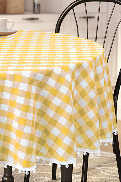 Soft Kare Bommel Pötikare Yuvarlak Ponponlu Masa Örtüsü Pötikare Yuvarlak