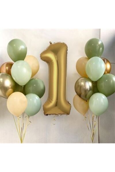 BalonEvi 1 Yaş Gold Balon Ve 16 Balon (4küfyeşil+4mintyeşil+4somon+2gold+2gümüş)