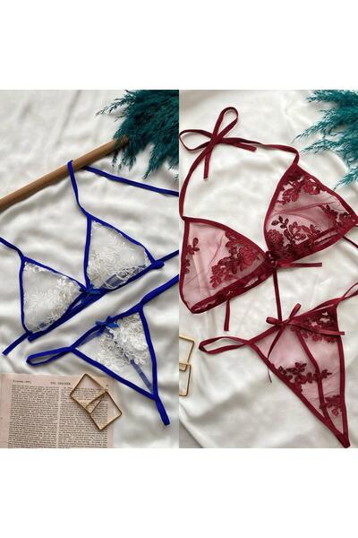 Maly Love Σετ Γυναικείο Σουτιέν και Σλιπ σε Μπλε, Λευκό και Μπορντό - Πακέτο ...