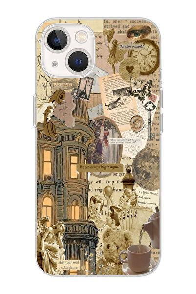 moonset Iphone 13 Uyumlu Vintage Kolaj Tasarımlı Baskılı Şeffaf Telefon Kılıfı