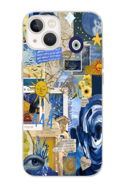 moonset Iphone 13 Uyumlu Mavi Kolaj Tasarımlı Baskılı Şeffaf Telefon Kılıfı