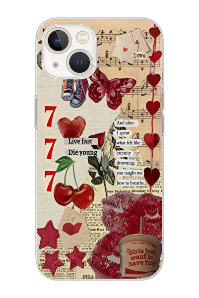 moonset Iphone 13 Uyumlu Love Kolaj Tasarımlı Baskılı Şeffaf Telefon Kılıfı