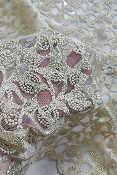 DUAYEN brode kumaş tül üzeri simli  altın renk iplikle işleme 1 metre eni 140 cm