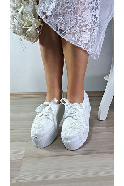 Modavien Pantofi de mireasă cu dantelă albă de damă 41214