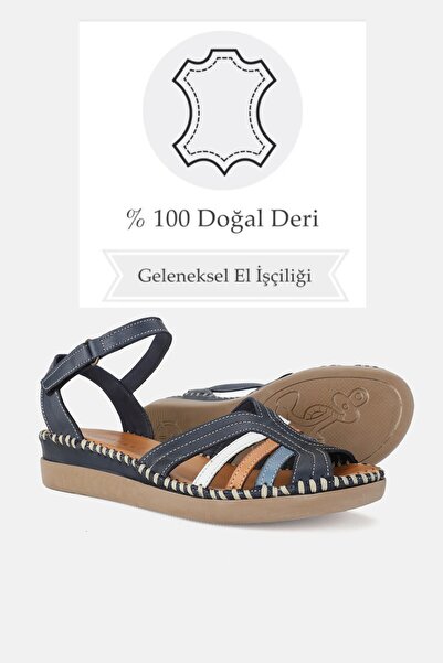TUNAELLİ Blue Genuine Leather Women's Sandals - Size 35-41-42, Flat Wedge Heels, Front Open Strap