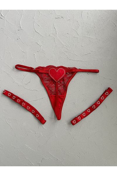 EDLİNGERİE Red Panties with Red Stone Leg Accessories