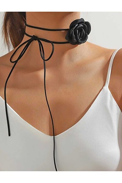 monalisatoka Kadın Siyah Saten Gül Choker Kolye