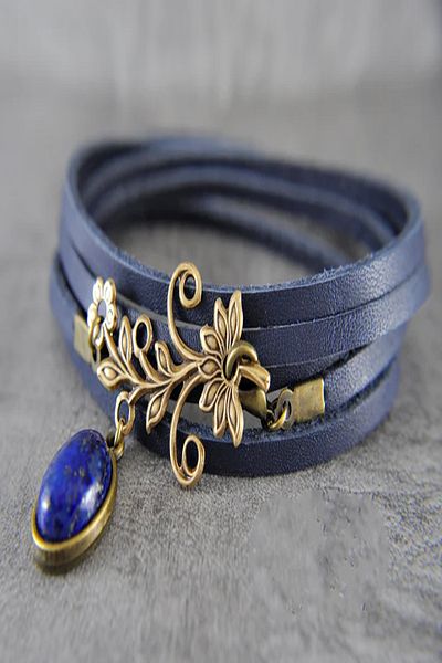 LADYMİRAGE Genuine Leather - NAVY BLUE LAPIS STONE CHOKER