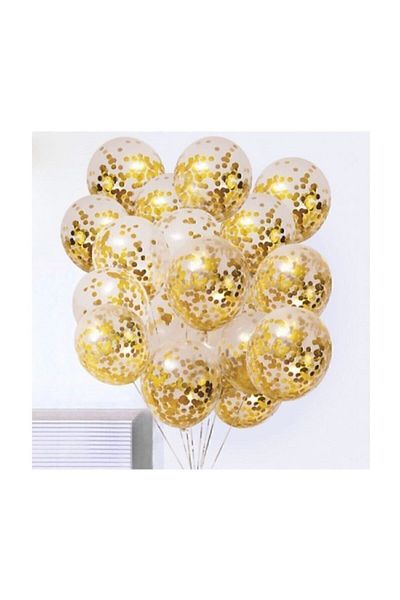 BalonEvi Transparent Balloon Set with Gold Confetti - 10 Pieces