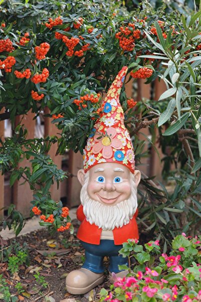 Ella's Design Studio Çiçek Şapkalı Cüce Heykel, Bahçe Dekorasyonu, Bahçe Bibl...