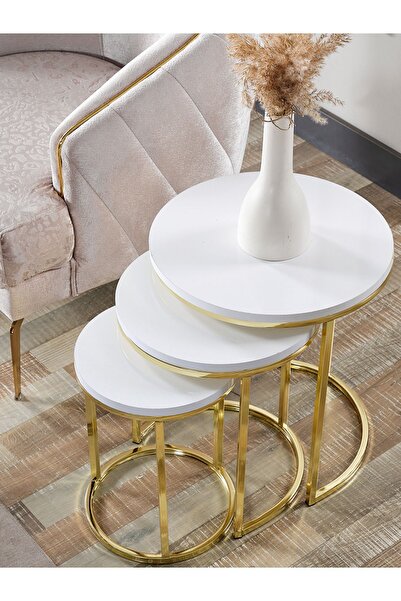 SEDAŞ LIVING UNITS 3'lü Tam Beyaz Ahşap (SUNTALAM) Gold Metal C Ayak Zigon Se...