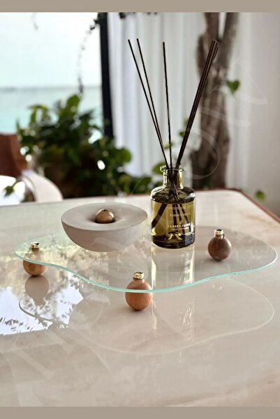 Genel Markalar Eğri Cam Tepsi Ahşap Top Ayaklı Dekoratif Düzenleyici Stant Ma...