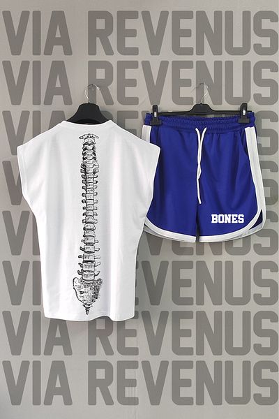 Vordevia Αθλητικό μπλουζάκι Bones White και μπλε αθλητικό σορτς - Σετ με στάμπα στην πλάτη, λαιμόκοψη, μηδενικό μανίκι