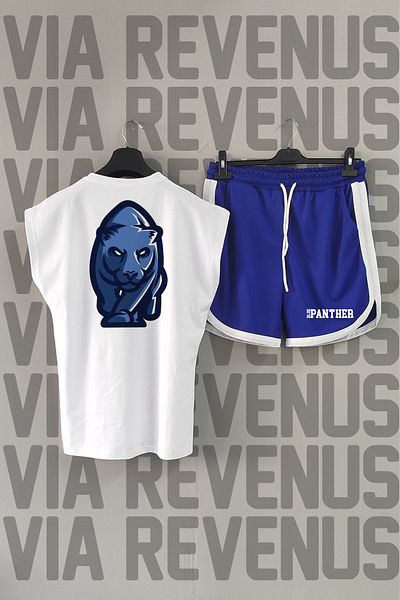 Vordevia Blue Panther Crew Neck Λευκό αθλητικό μπλουζάκι και μπλε αθλητικό σορτς - μηδενικό μανίκι
