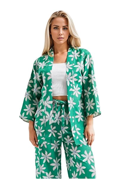 Cassime Zeleni ležerni ženski kimono od platna sa cvetnim uzorkom