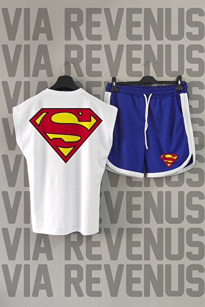 Vordevia Superman Patterned White Crew Neck Sports T-shirt and Blue Sports Sh...