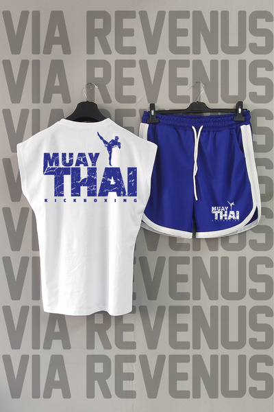 Vordevia تيشيرت رياضي أبيض برقبة دائرية وأكمام صفرية مطبوع على الظهر من Muay Thai ومجموعة شورت رياضي أزرق