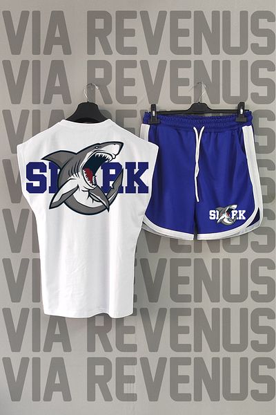 Vordevia Shark Crew Neck White Sports T-shirt and Blue Sports Shorts Set - Zero Sleeve