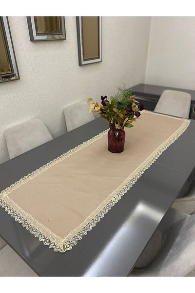 Parla Life Dantela Brodata Bej Duck Linen Fabric Runner