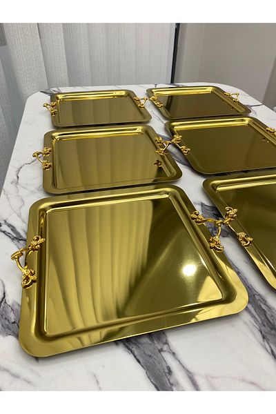 NEWTREND Züccaciye Luxury Square 6-Piece - Thin Handle Presentation Tray, Gold Plated - Tea, Coffee, Treat Serving 21x21
