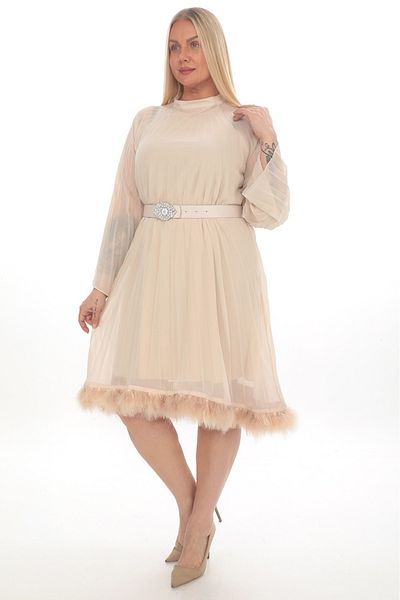 etselements X MODAPO Plus Size Women's Dress - Chiffon Pleated, Belt, Feather Lined